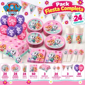 Pack Fiesta Completa Skye y Everest para 24 con vajilla rosa, mantel, pajitas, banderines y globos