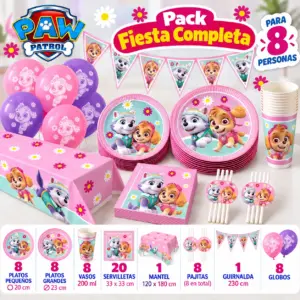 Pack Fiesta Completa Skye y Everest para 8 con vajilla rosa, mantel, pajitas, banderines y globos