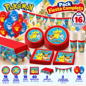 Pack Fiesta Completa Pokémon para 16 con platos, vasos, mantel rojo, guirnalda y globos