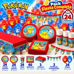 Pack Fiesta Completa Pokémon para 24 con platos, vasos, mantel rojo, guirnalda y globos