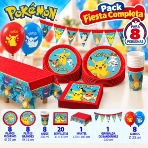 Pack Fiesta Completa Pokémon para 8 con platos, vasos, mantel rojo, guirnalda y globos