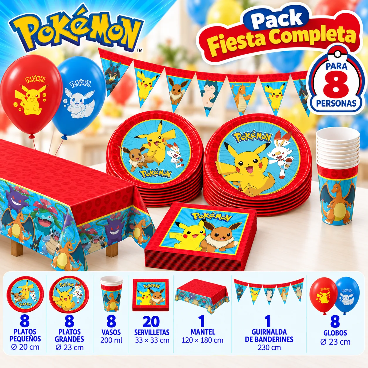 Pack Fiesta Completa Pokémon para 8 con platos, vasos, mantel rojo, guirnalda y globos