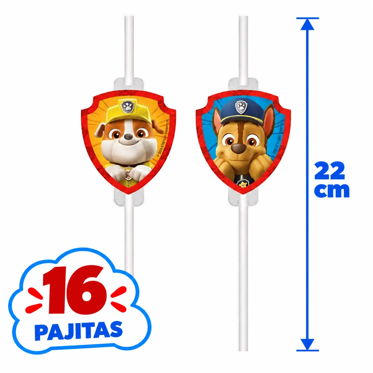 16 pajitas de 22 cm de la Patrulla Canina con escudo de Rubble y de Chase
