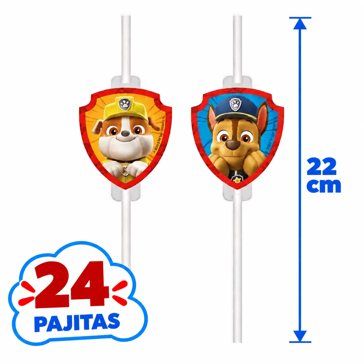 24 pajitas de 22 cm de la Patrulla Canina con escudo de Rubble y de Chase