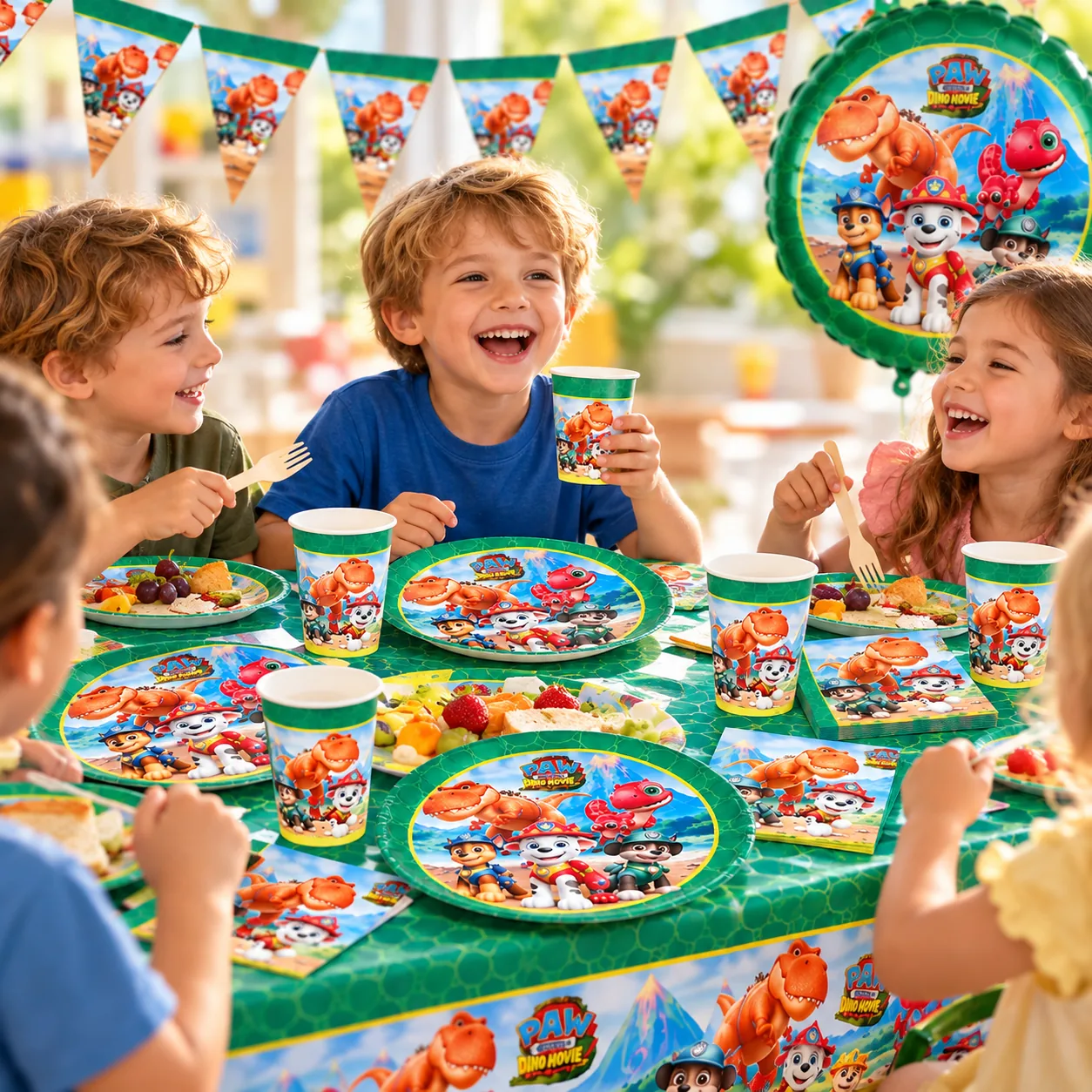 Cumpleaños de la Patrulla Canina Dino con banderines, globo de foil y mantel verde