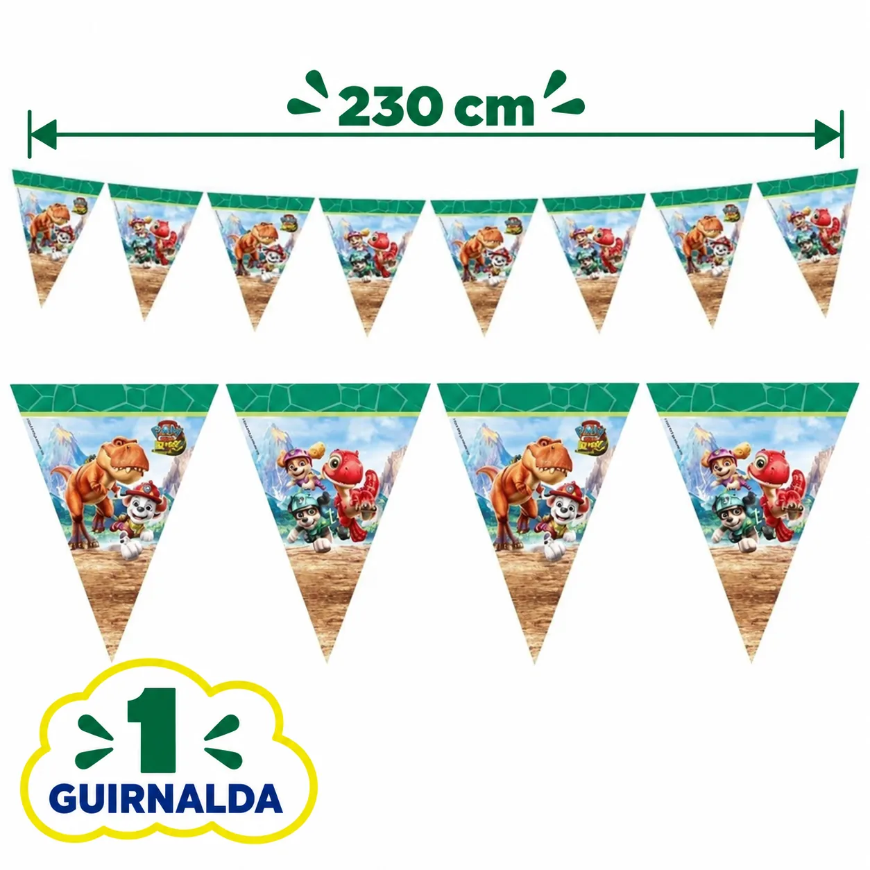 1 guirnalda de banderines de 230 cm con cachorros y dinosaurios