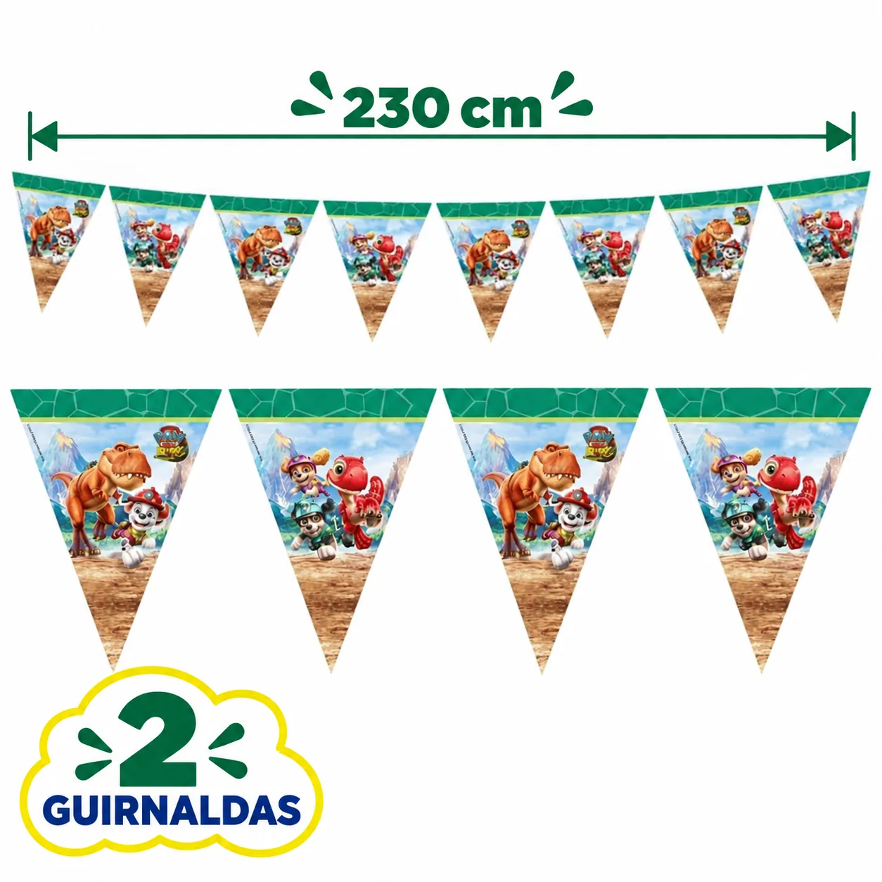 2 guirnaldas de banderines de 230 cm con cachorros y dinosaurios