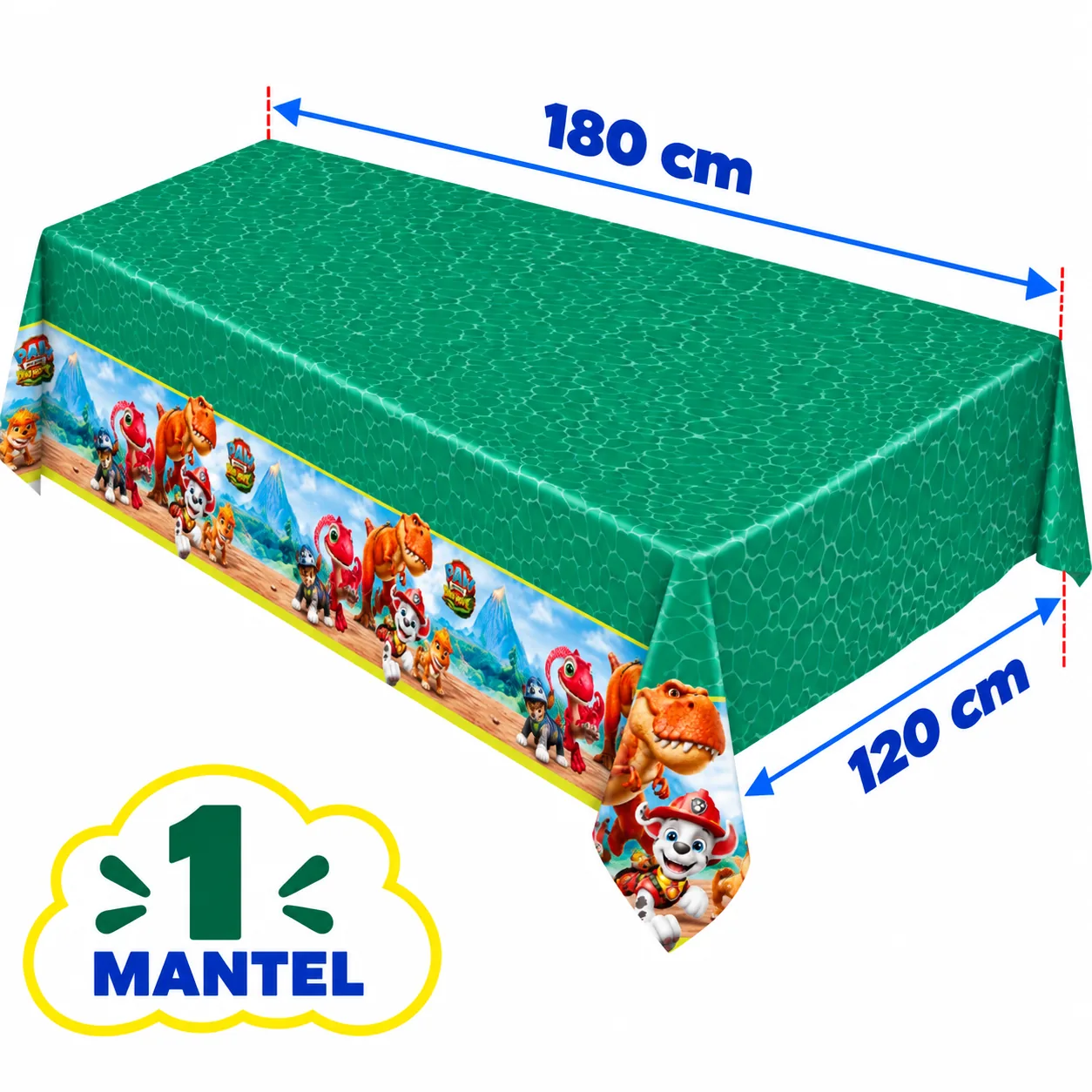 1 mantel de 120 x 180 cm en verde con cenefa de cachorros y dinosaurios