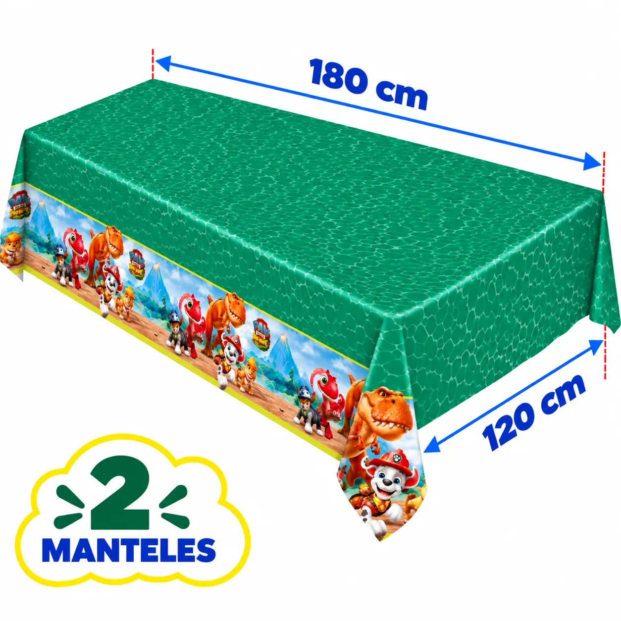 2 manteles de 120 x 180 cm en verde con cenefa de cachorros y dinosaurios