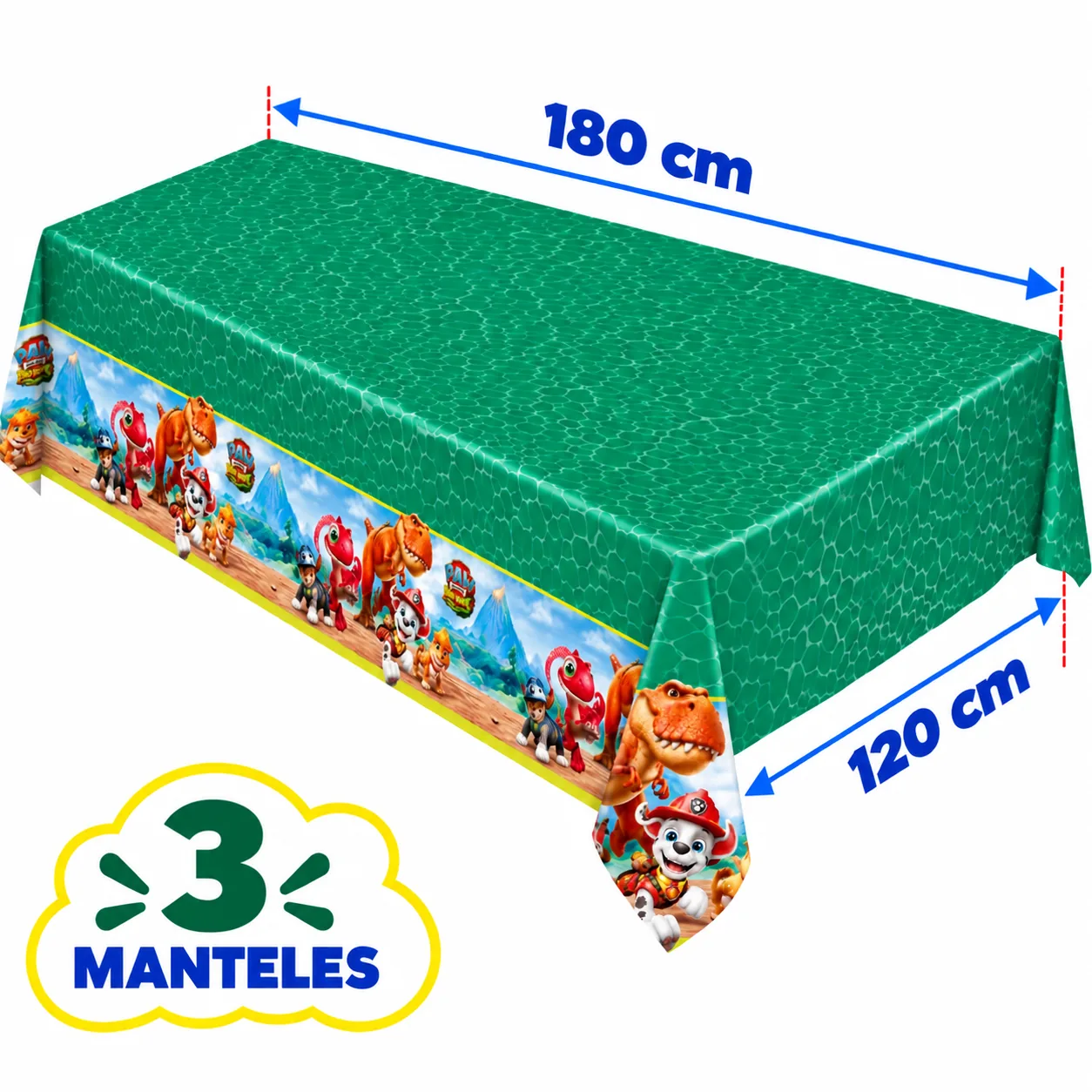3 manteles de 120 x 180 cm en verde con cenefa de cachorros y dinosaurios