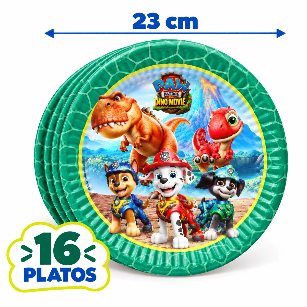 16 platos de 23 cm de La dino película con Marshall, Chase, Rex y dinosaurios