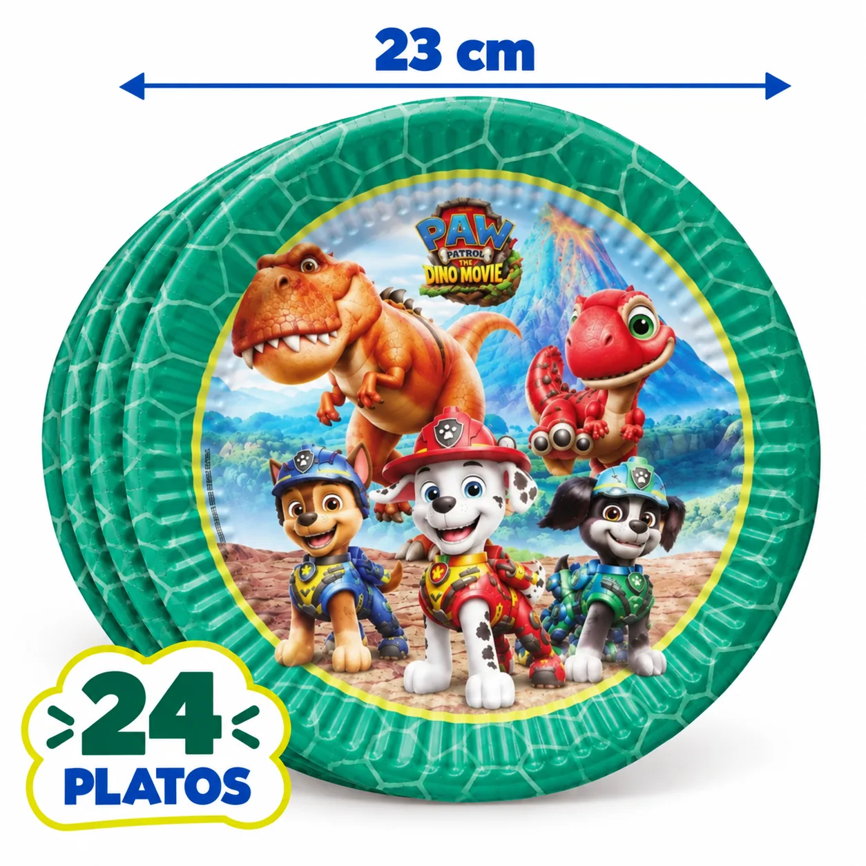 24 platos de 23 cm de La dino película con Marshall, Chase, Rex y dinosaurios