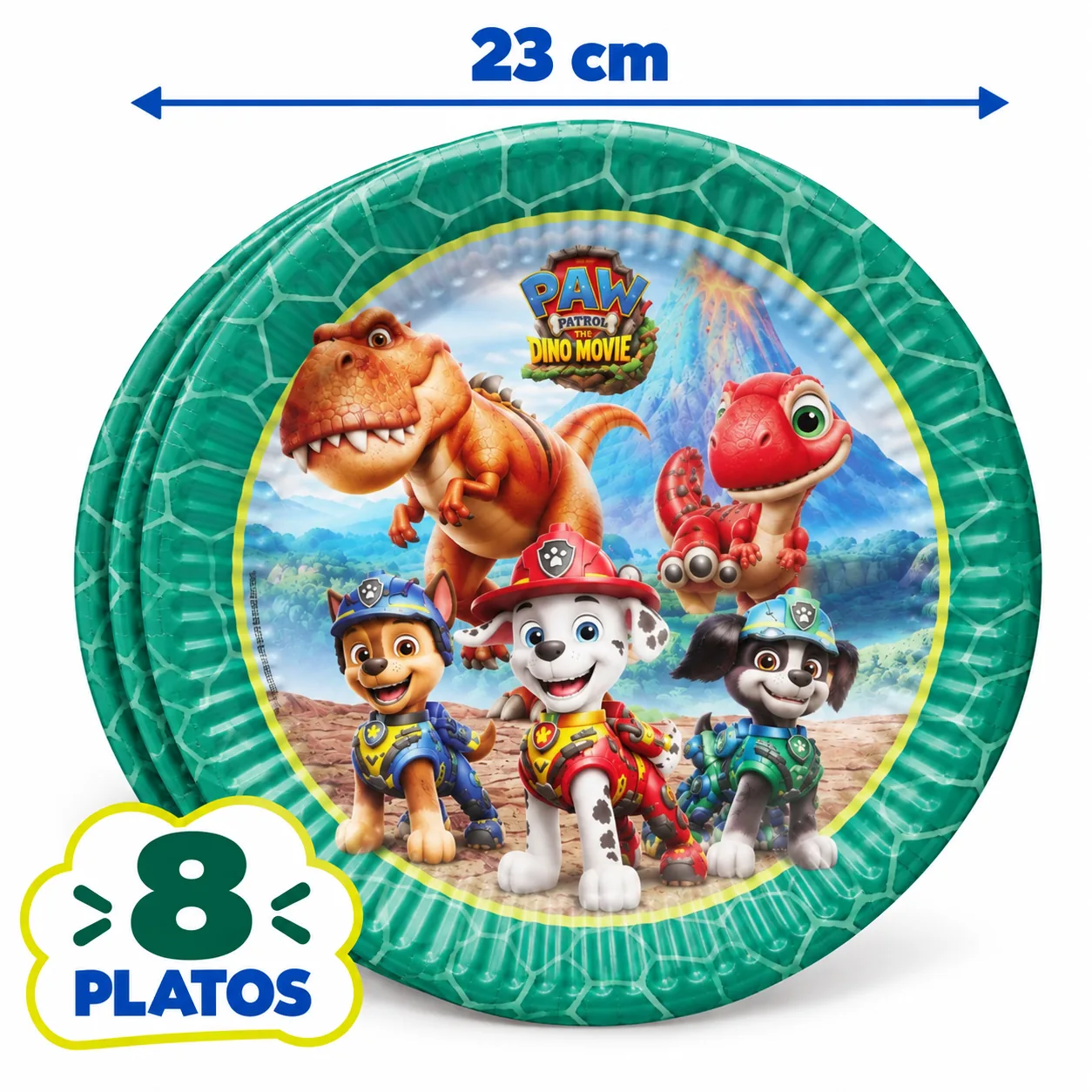 8 platos de 23 cm de La dino película con Marshall, Chase, Rex y dinosaurios