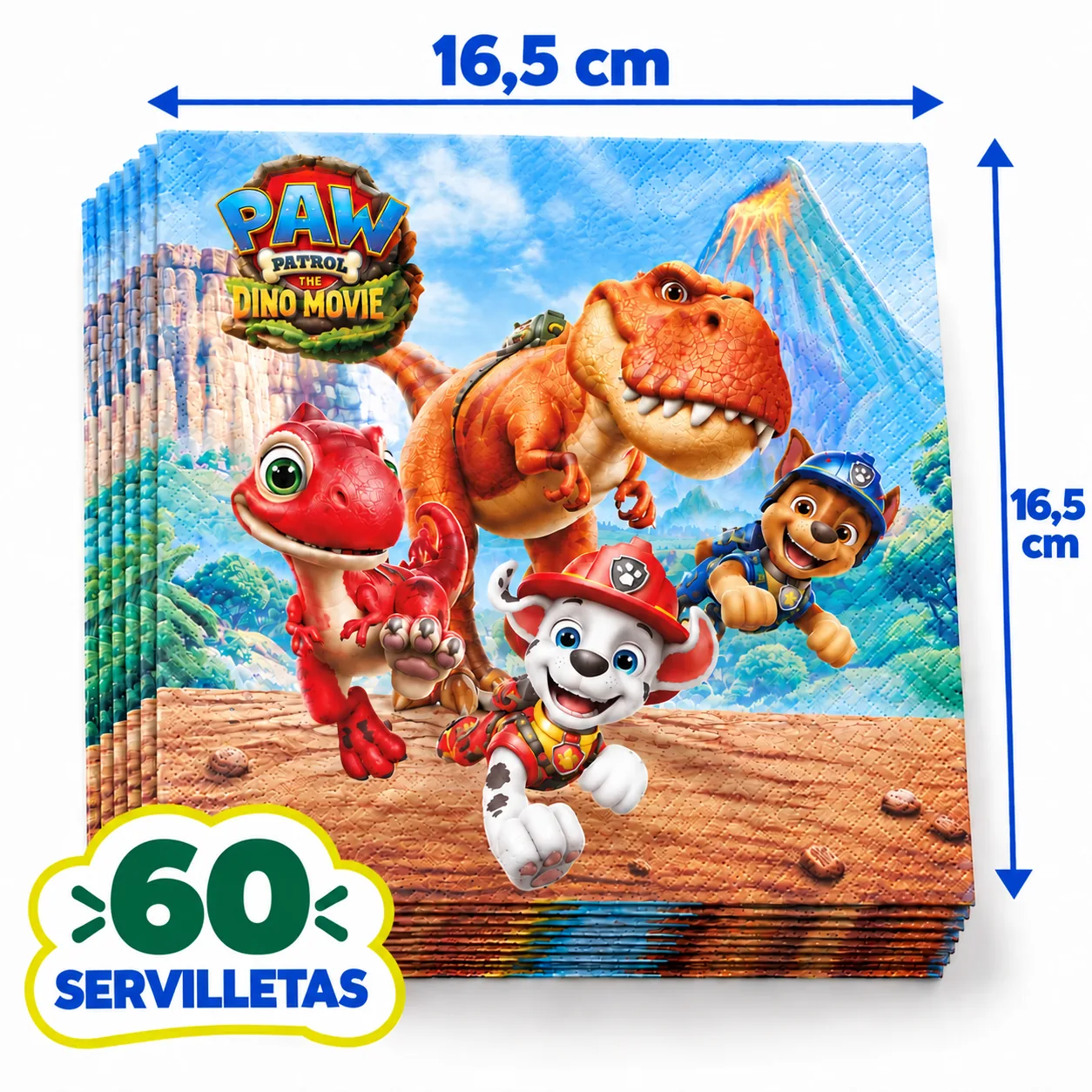 60 servilletas de La dino película con Marshall, Chase y dinosaurios, 16,5 cm dobladas