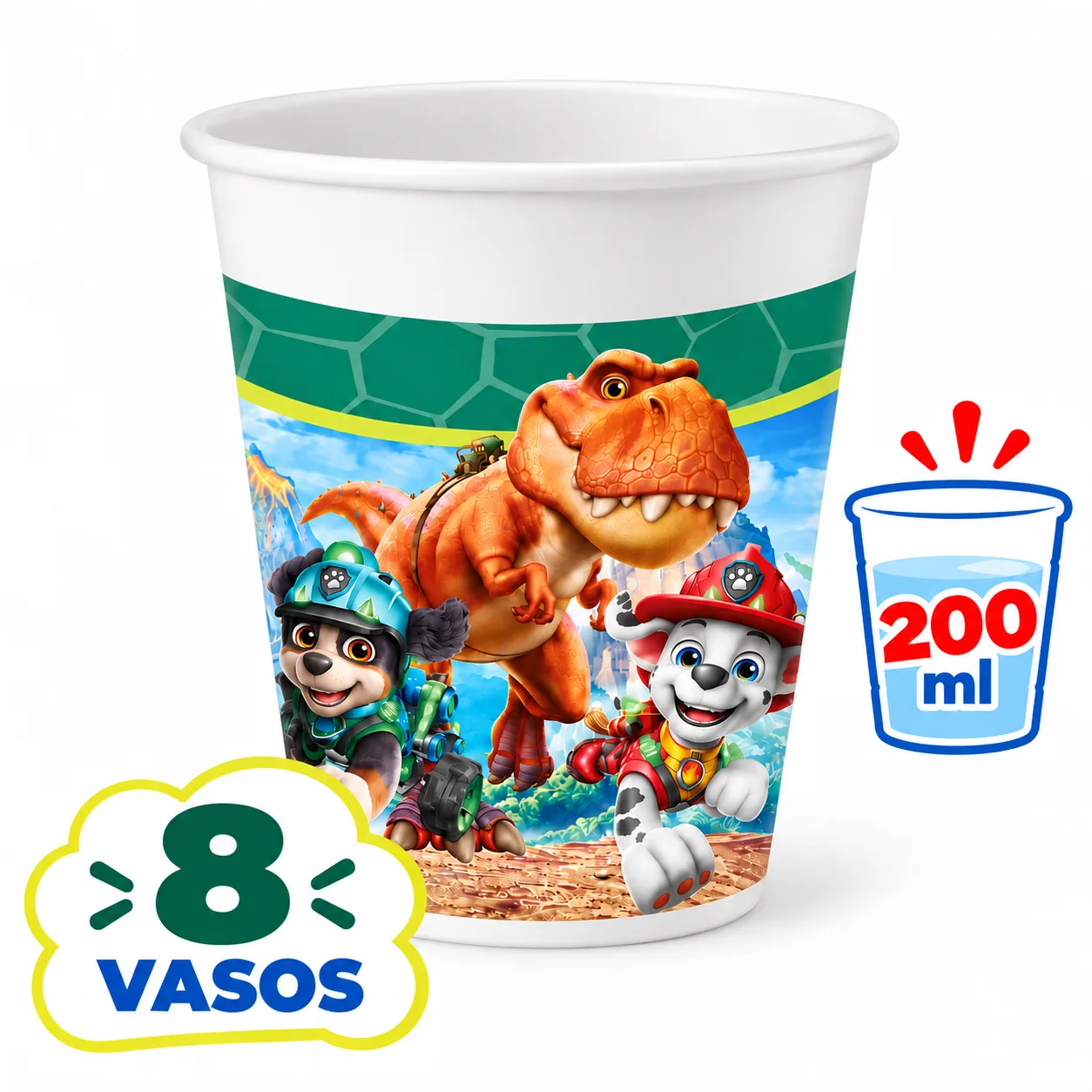 Vaso de 200 ml de la Patrulla Canina con Marshall, Rex y un T-Rex, 8 unidades