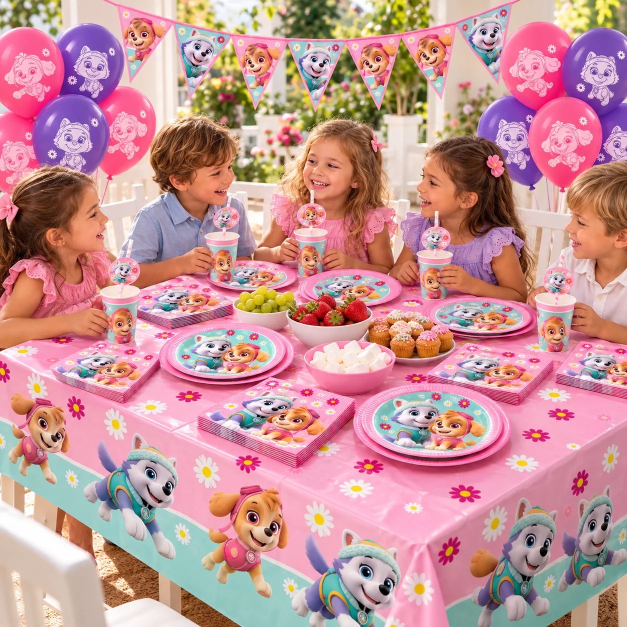 Niños en un cumpleaños de Skye y Everest con globos morados y rosas, banderines y mantel rosa