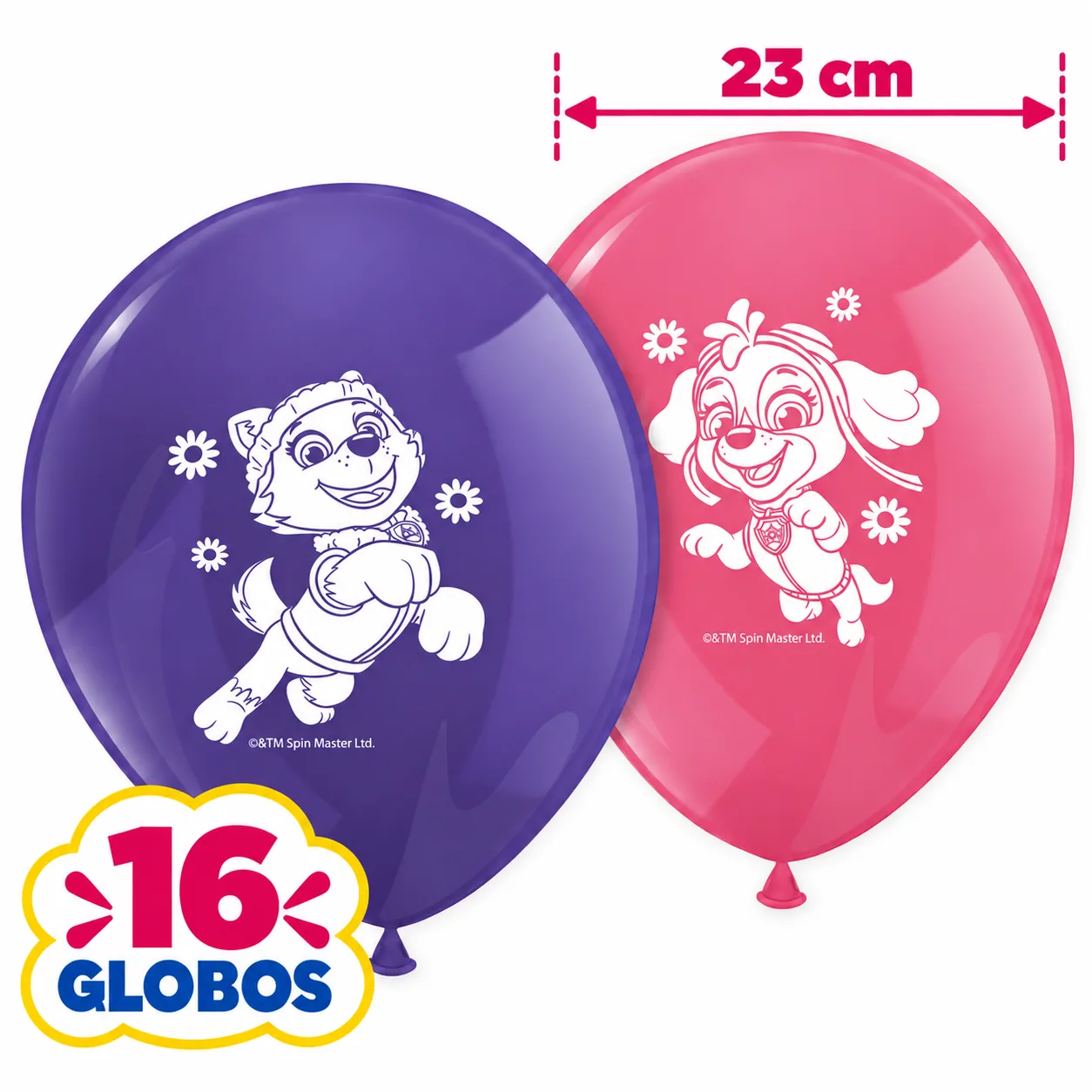 16 globos morados y rosas de 23 cm con Skye y Everest en blanco