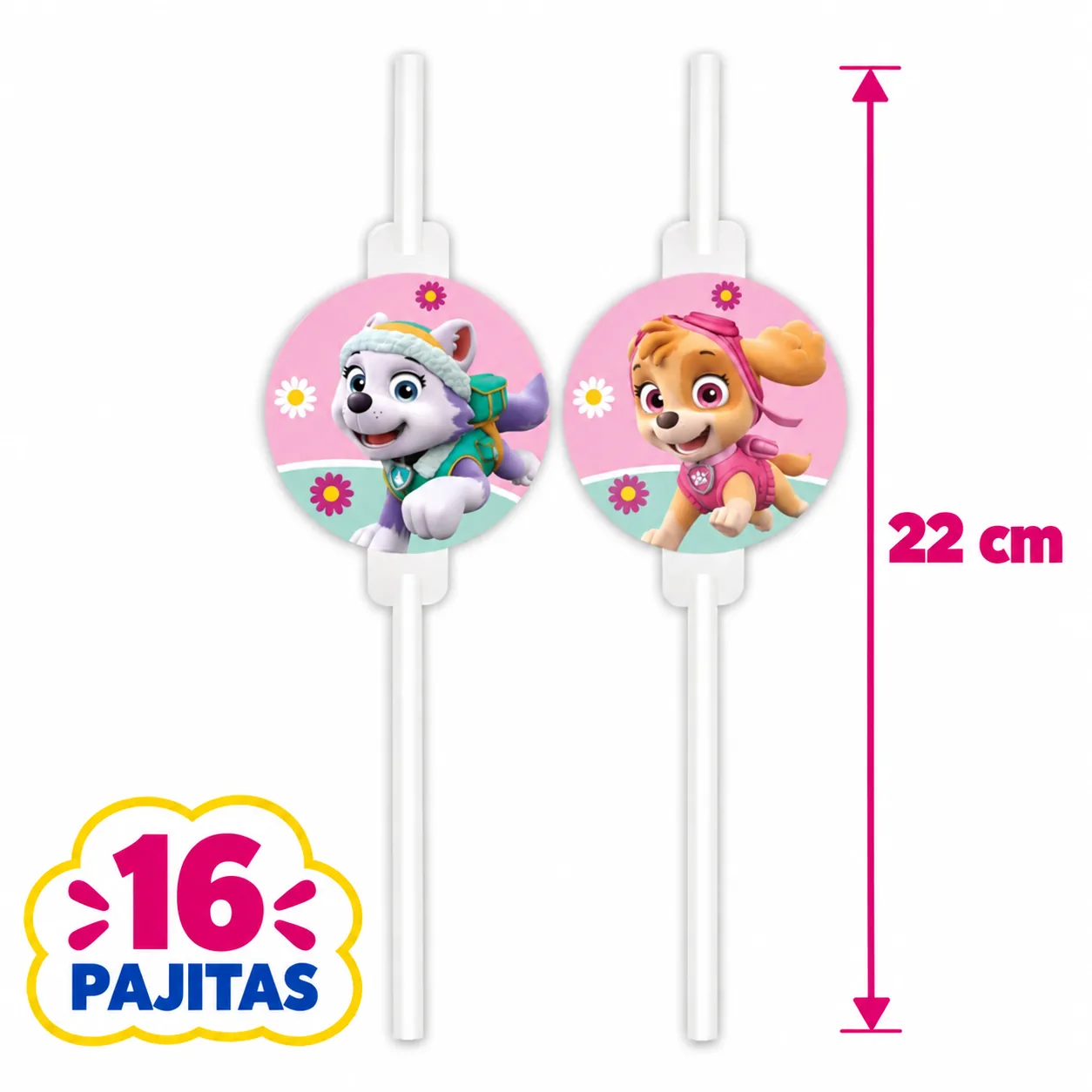 16 pajitas de 22 cm con medallón de Skye y de Everest