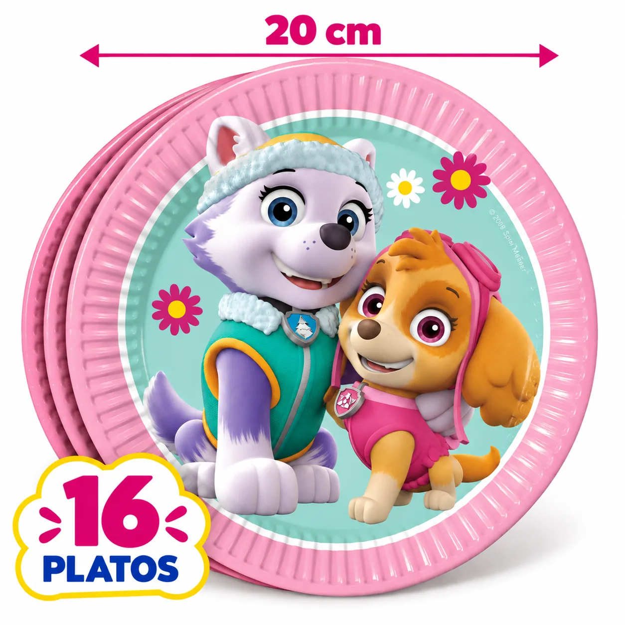 16 platos de 20 cm de la Patrulla Canina con Skye y Everest y borde rosa
