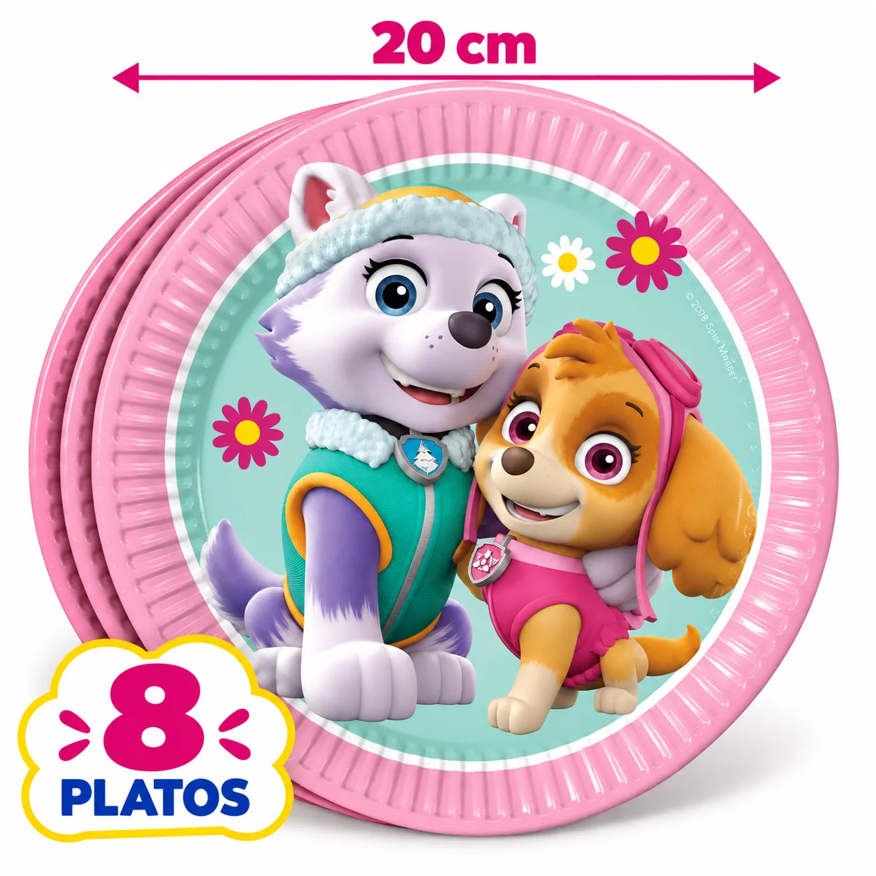 8 platos de 20 cm de la Patrulla Canina con Skye y Everest y borde rosa