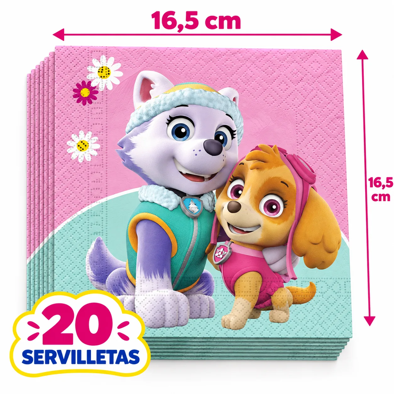 20 servilletas rosas de la Patrulla Canina con Skye y Everest, 16,5 cm dobladas