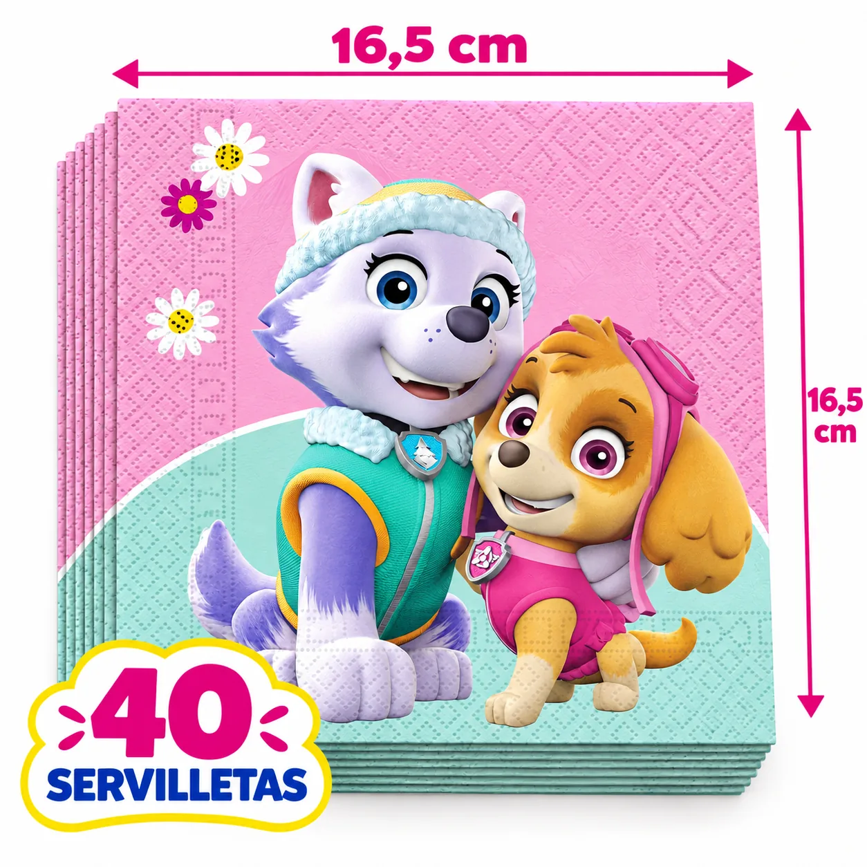 40 servilletas rosas de la Patrulla Canina con Skye y Everest, 16,5 cm dobladas