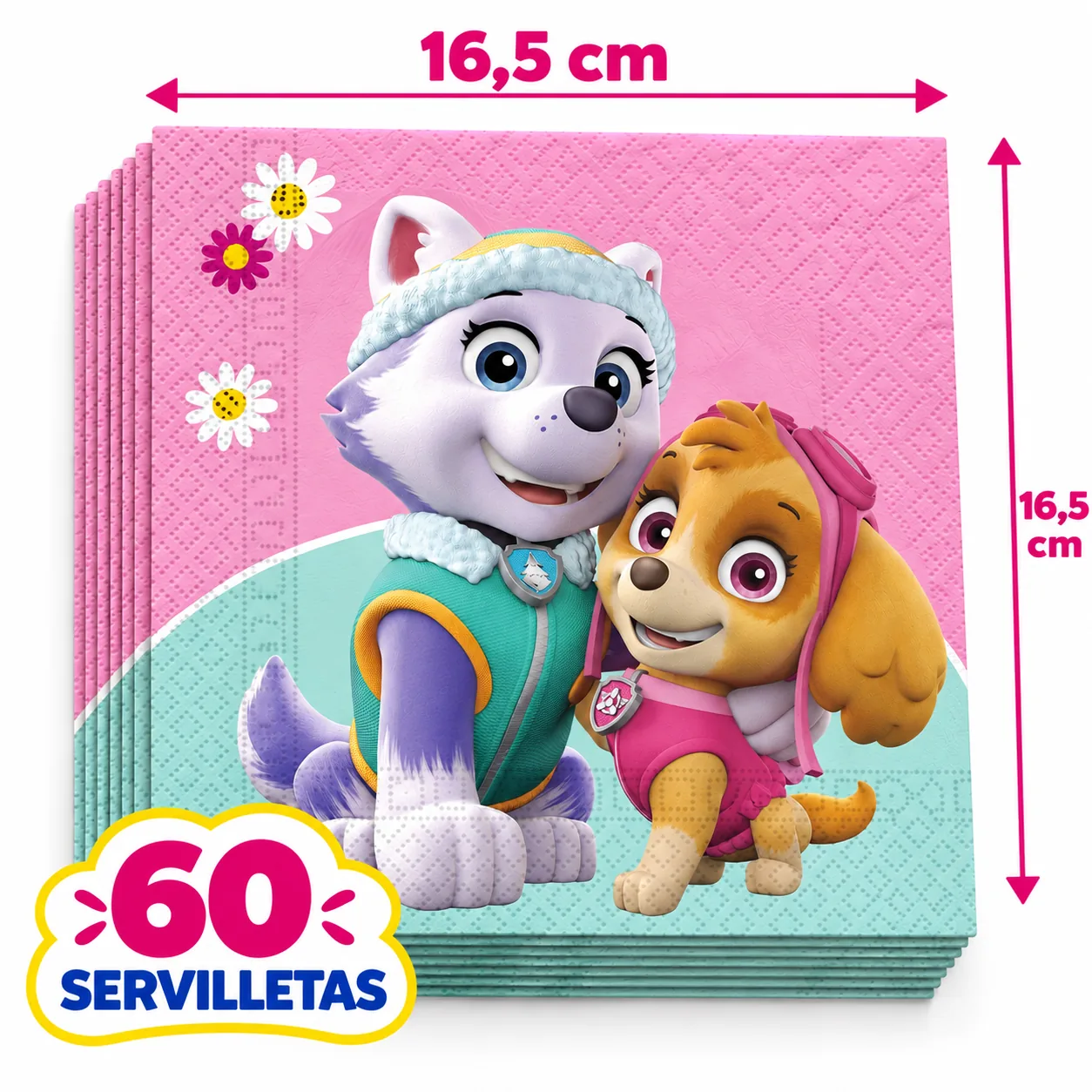 60 servilletas rosas de la Patrulla Canina con Skye y Everest, 16,5 cm dobladas
