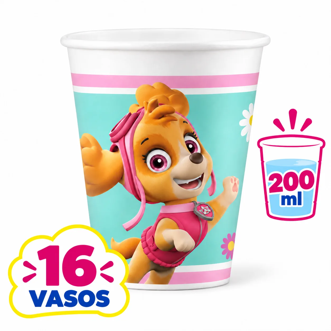 Vaso de 200 ml rosa y turquesa con Skye de la Patrulla Canina, 16 unidades