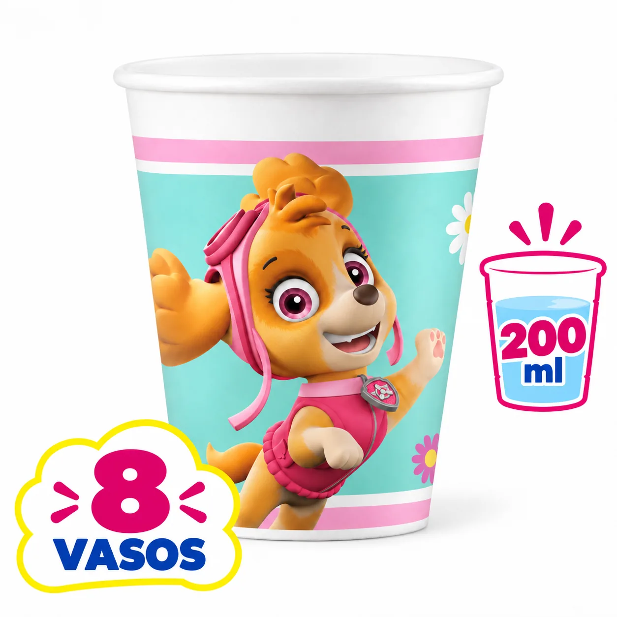 Vaso de 200 ml rosa y turquesa con Skye de la Patrulla Canina, 8 unidades