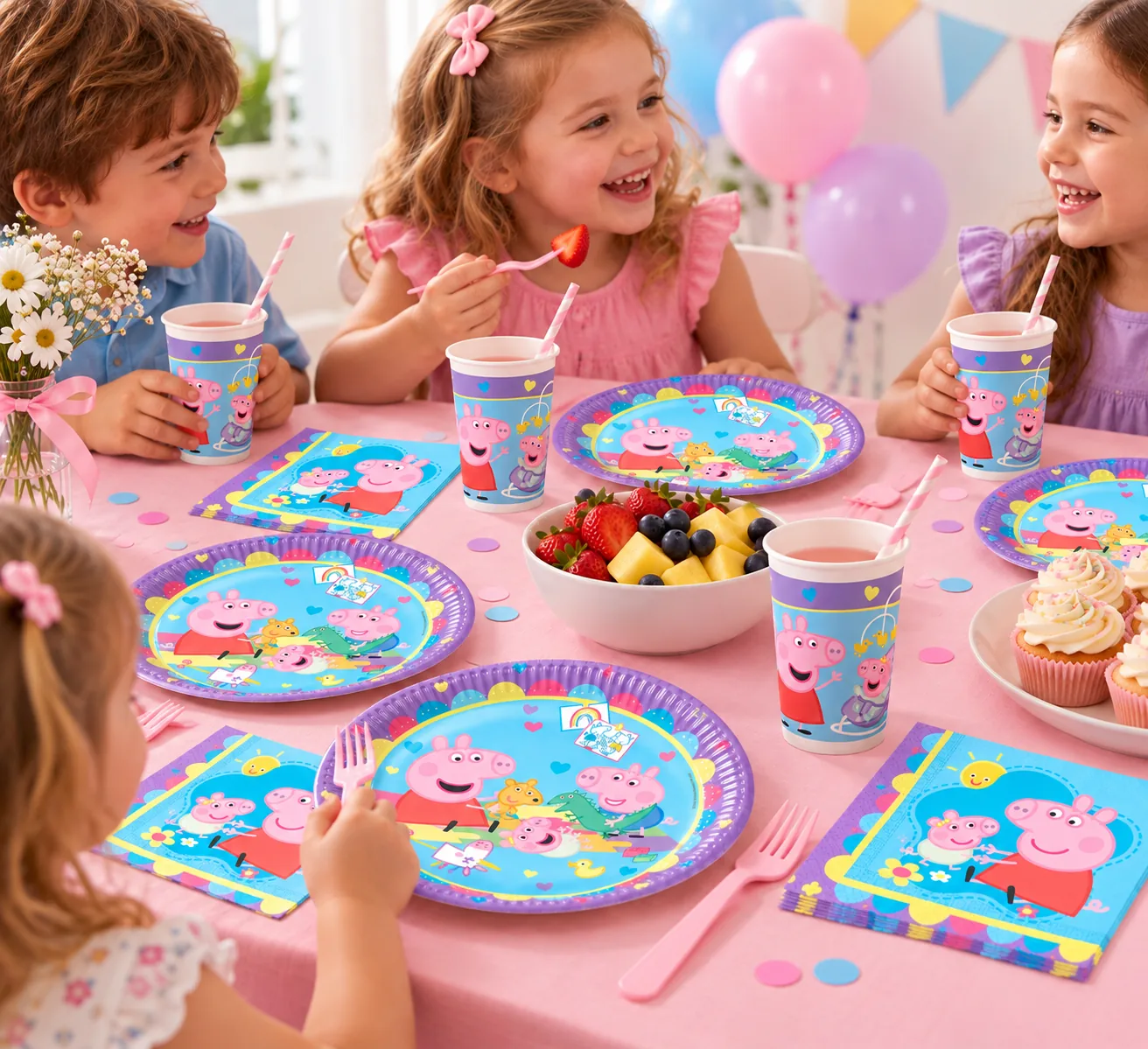 Niñas pequeñas merendando fruta en una mesa con platos y vasos de Peppa Pig