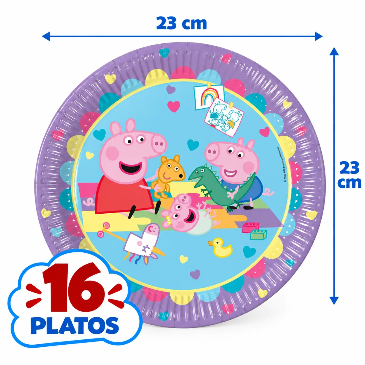 16 platos de 23 cm de Peppa Pig con George, Teddy y el dinosaurio, borde lila