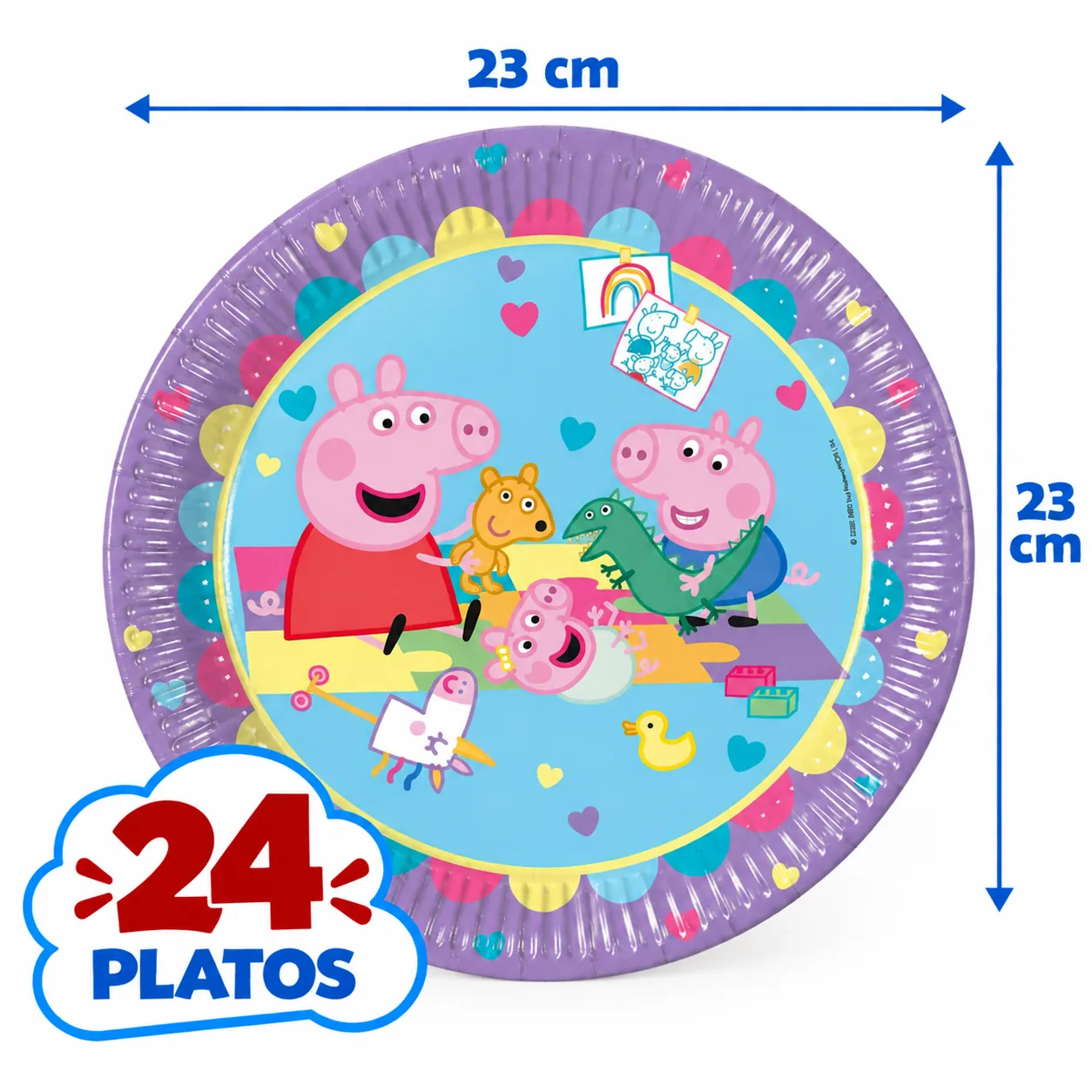 24 platos de 23 cm de Peppa Pig con George, Teddy y el dinosaurio, borde lila