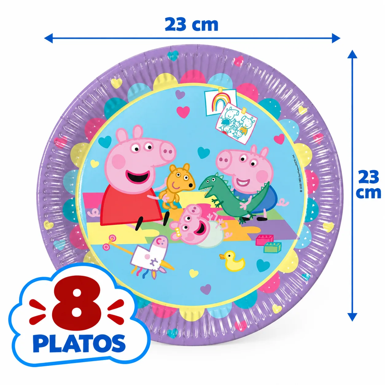 8 platos de 23 cm de Peppa Pig con George, Teddy y el dinosaurio, borde lila