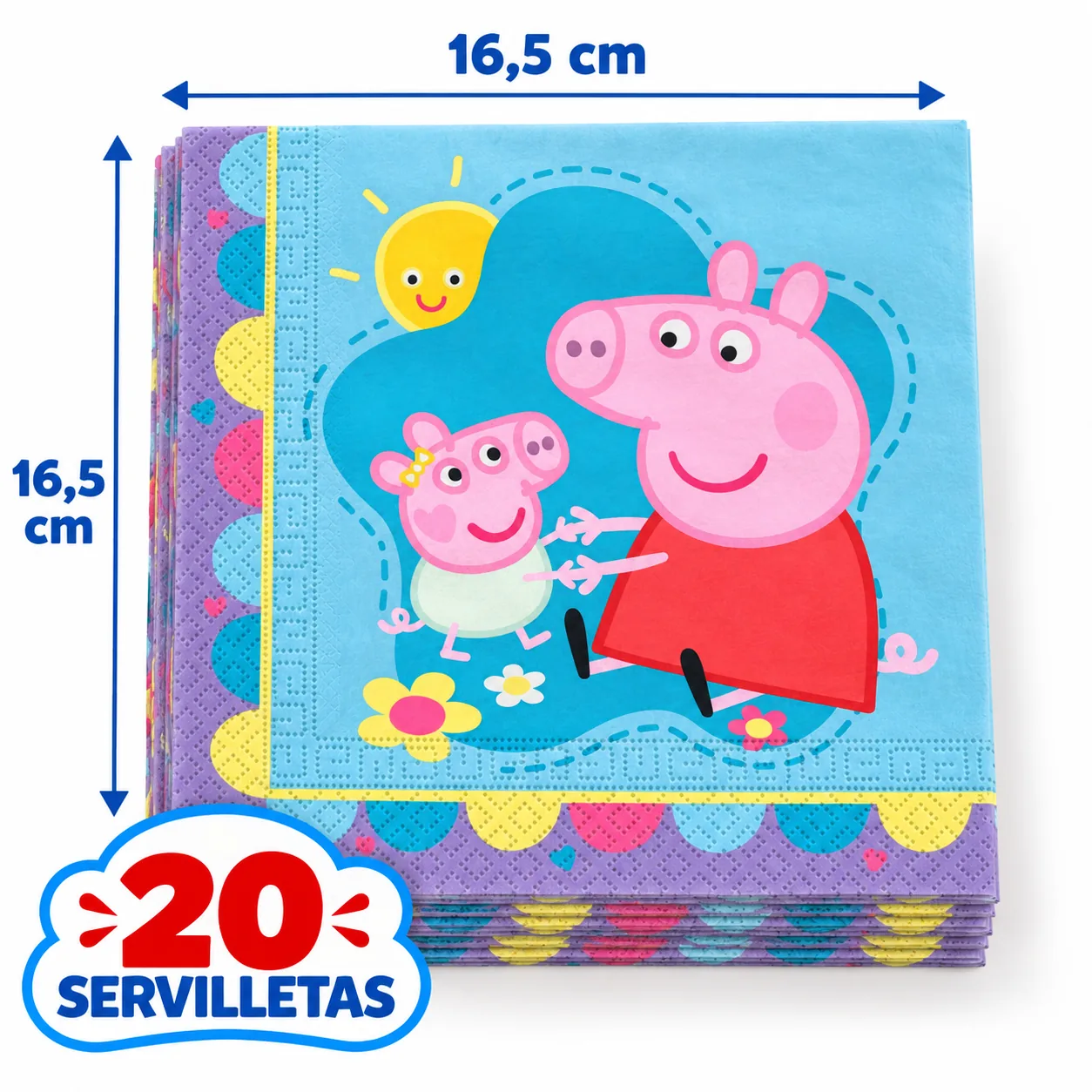 20 servilletas azules de Peppa Pig con borde de colores, 16,5 cm dobladas