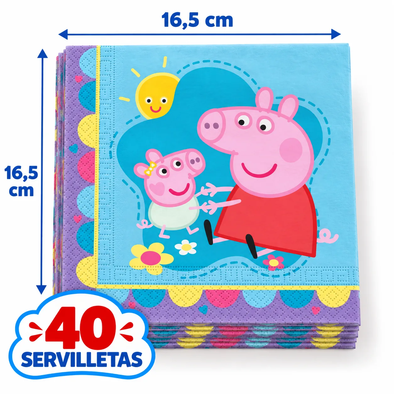 40 servilletas azules de Peppa Pig con borde de colores, 16,5 cm dobladas