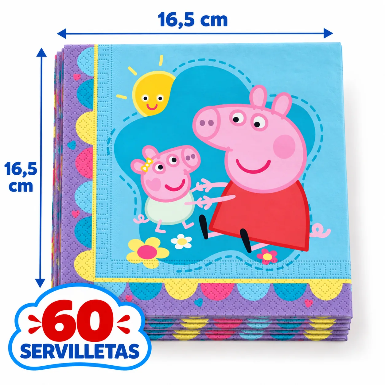 60 servilletas azules de Peppa Pig con borde de colores, 16,5 cm dobladas