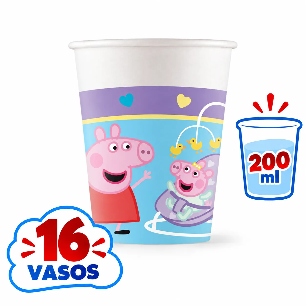 Vaso de 200 ml lila y azul de Peppa Pig, 16 unidades