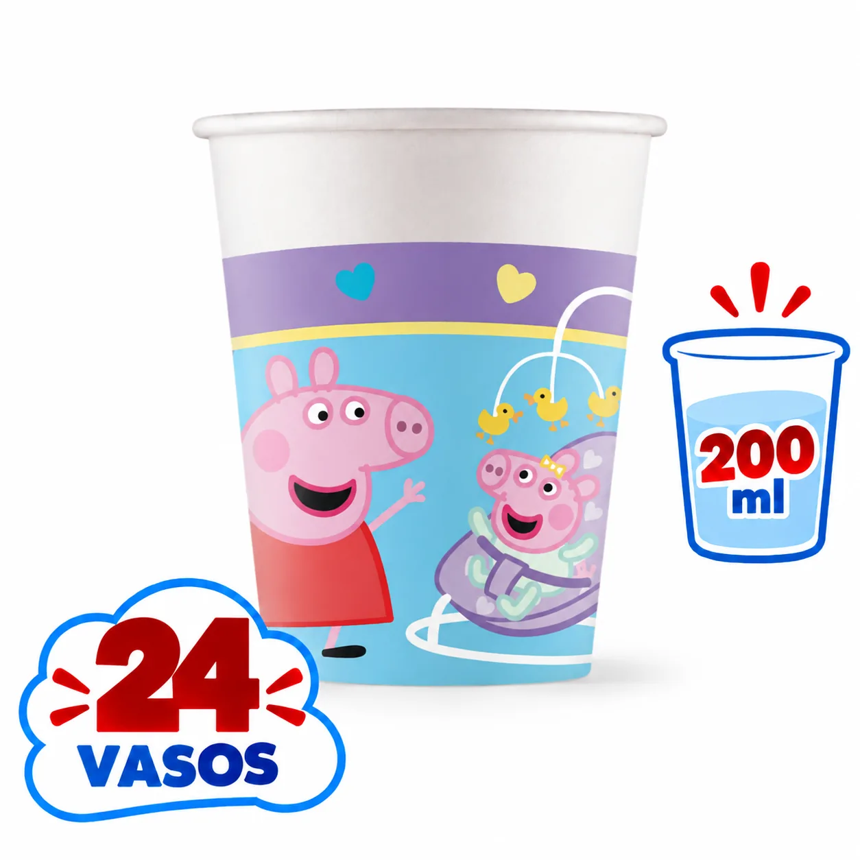 Vaso de 200 ml lila y azul de Peppa Pig, 24 unidades