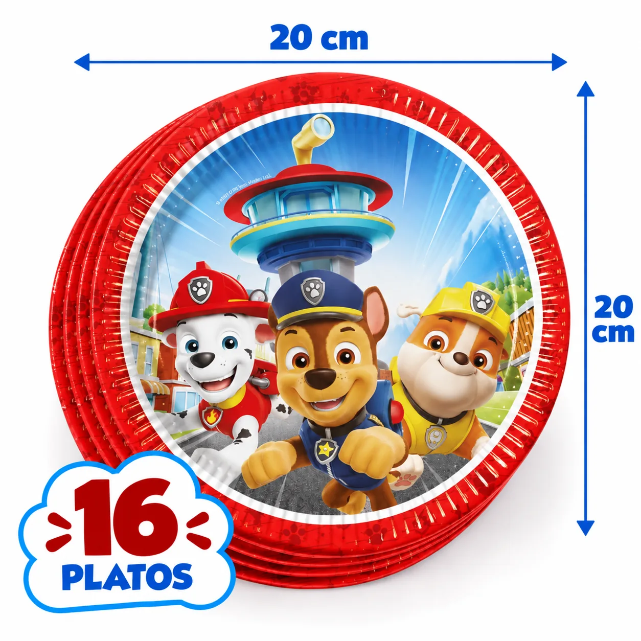 16 platos de 20 cm de la Patrulla Canina con Marshall, Chase y Rubble y borde rojo