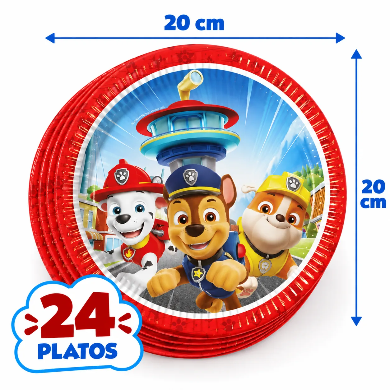 24 platos de 20 cm de la Patrulla Canina con Marshall, Chase y Rubble y borde rojo