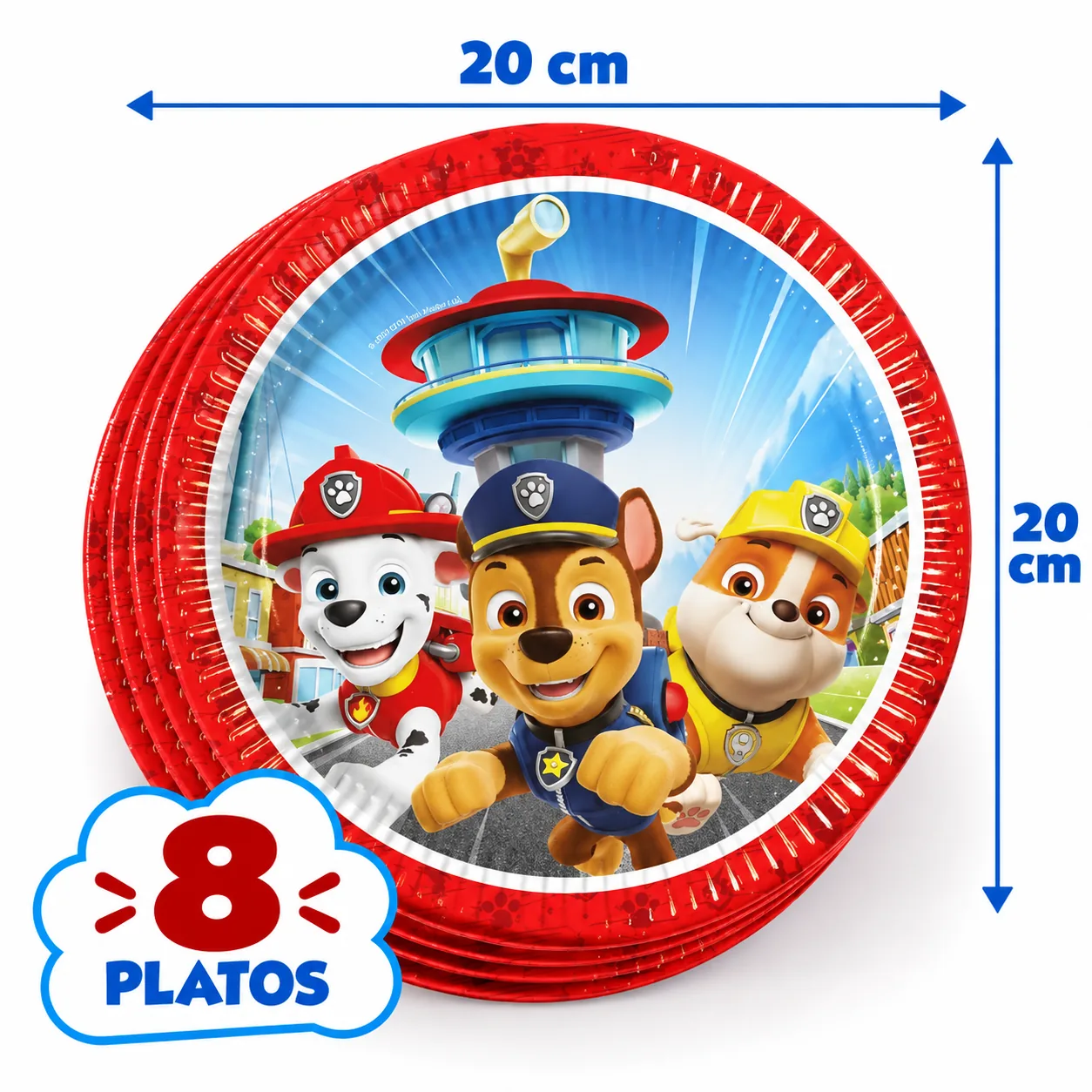 8 platos de 20 cm de la Patrulla Canina con Marshall, Chase y Rubble y borde rojo