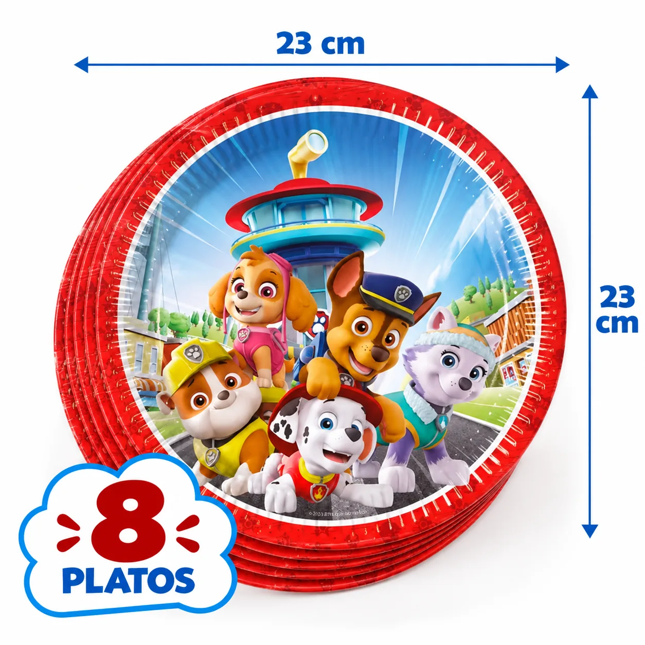 8 platos de 23 cm de la Patrulla Canina con Skye, Chase, Rubble, Marshall y Everest
