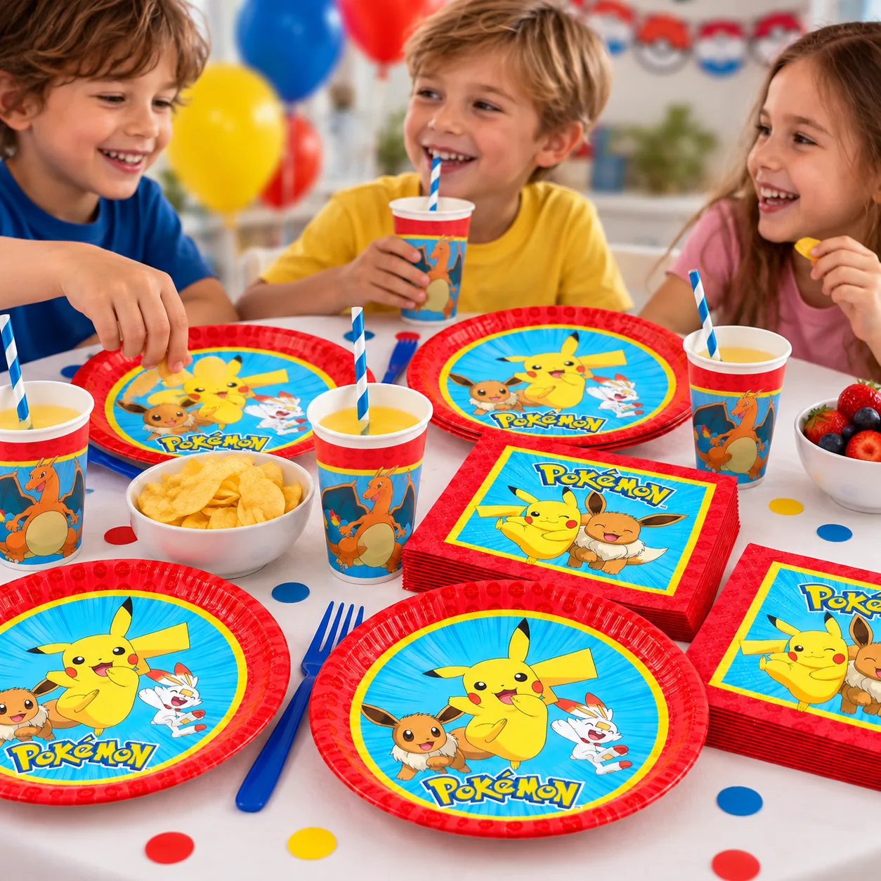 Niños comiendo patatas en una mesa con platos, vasos y servilletas de Pokémon
