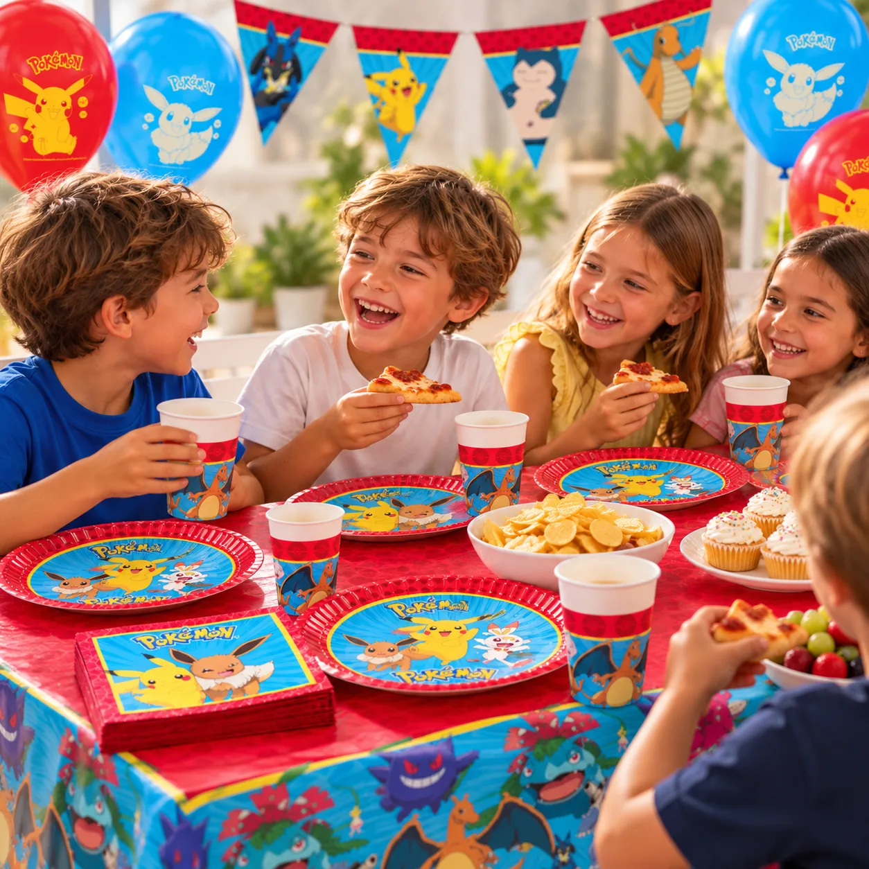 Cumpleaños Pokémon con globos rojos y azules, banderines y mantel con Charizard