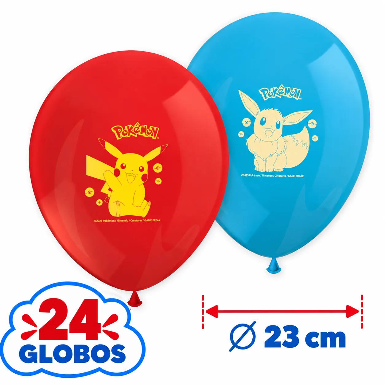 24 globos de 23 cm rojos con Pikachu y azules con Eevee