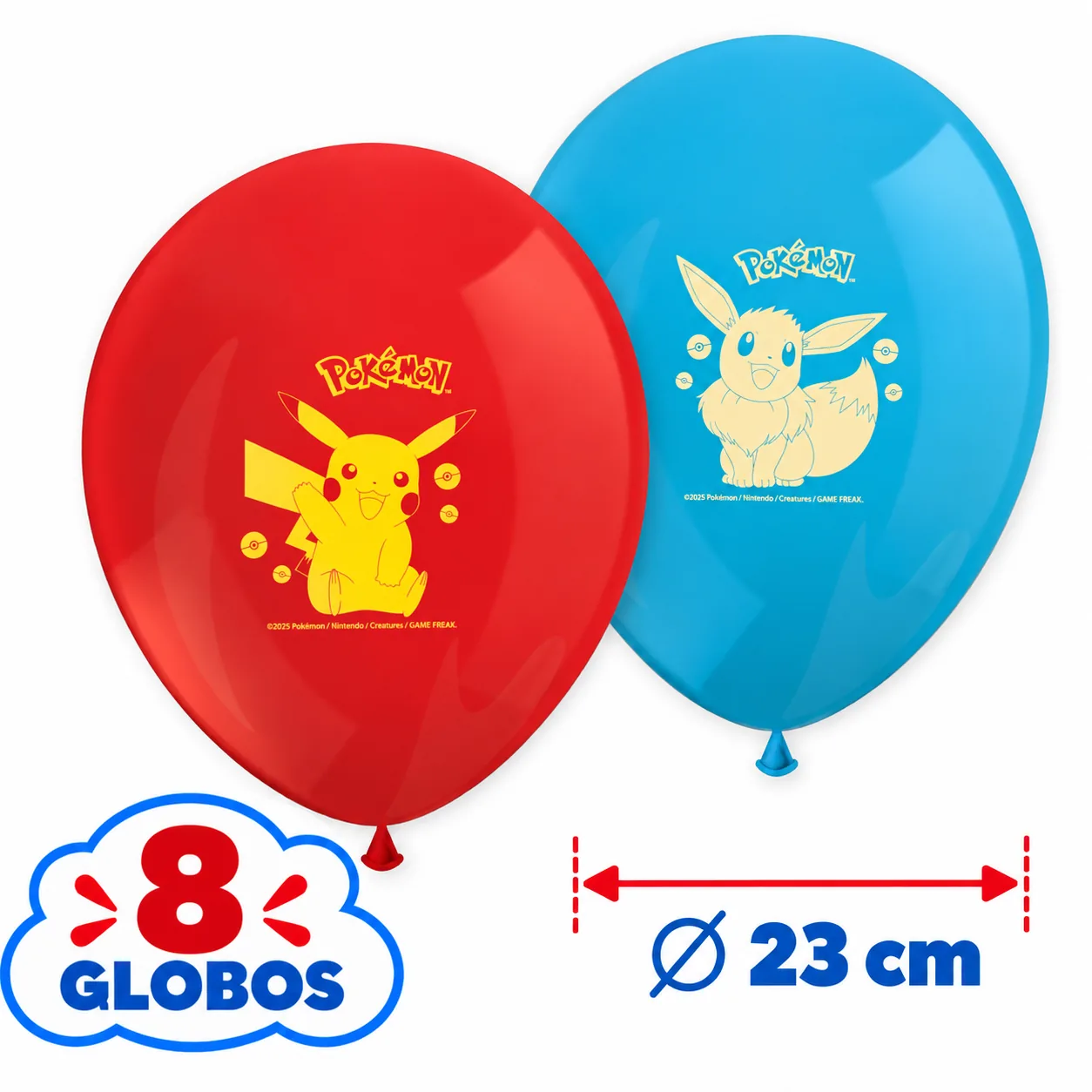 8 globos de 23 cm rojos con Pikachu y azules con Eevee
