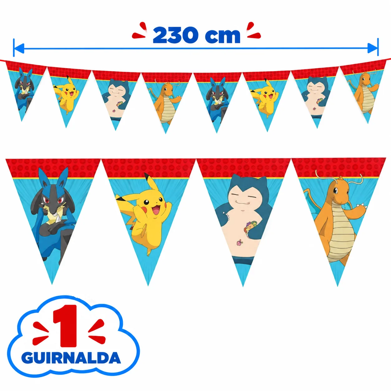 1 guirnalda de 230 cm con Pikachu, Snorlax, Lucario y Dragonite