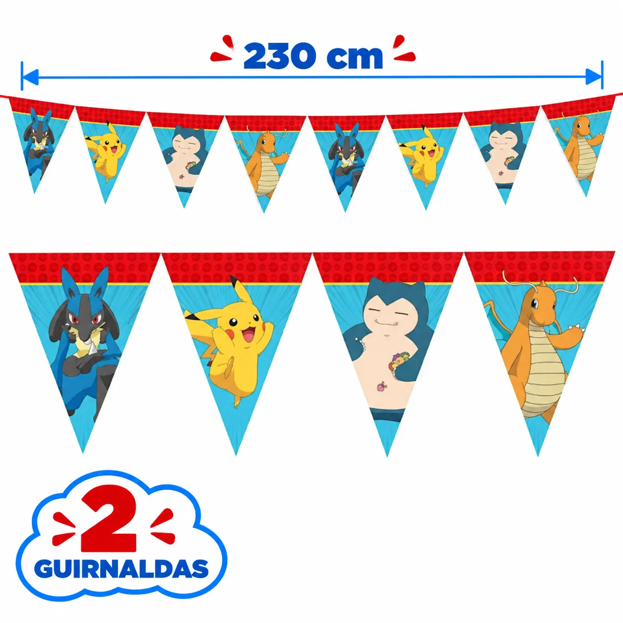 2 guirnaldas de 230 cm con Pikachu, Snorlax, Lucario y Dragonite