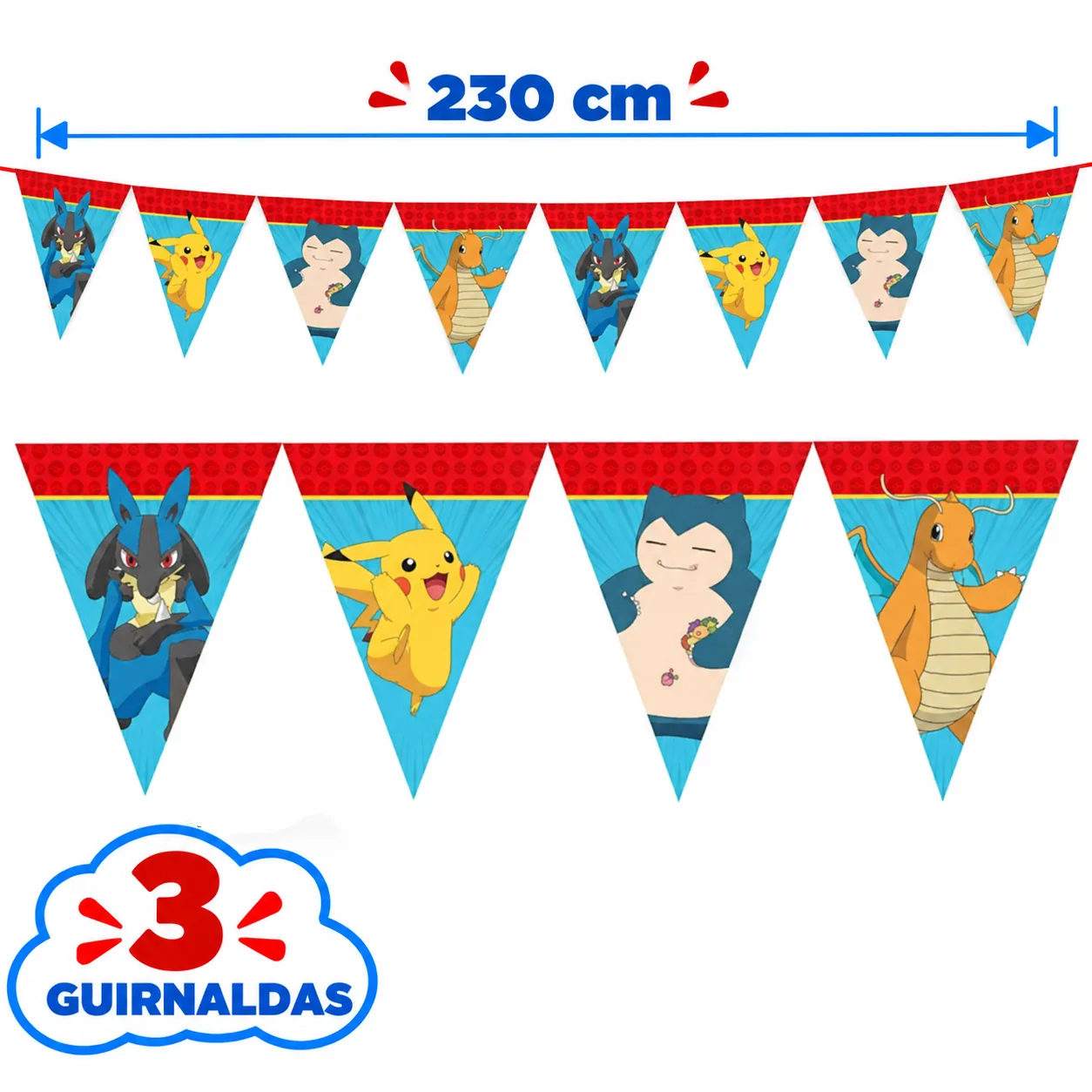 3 guirnaldas de 230 cm con Pikachu, Snorlax, Lucario y Dragonite