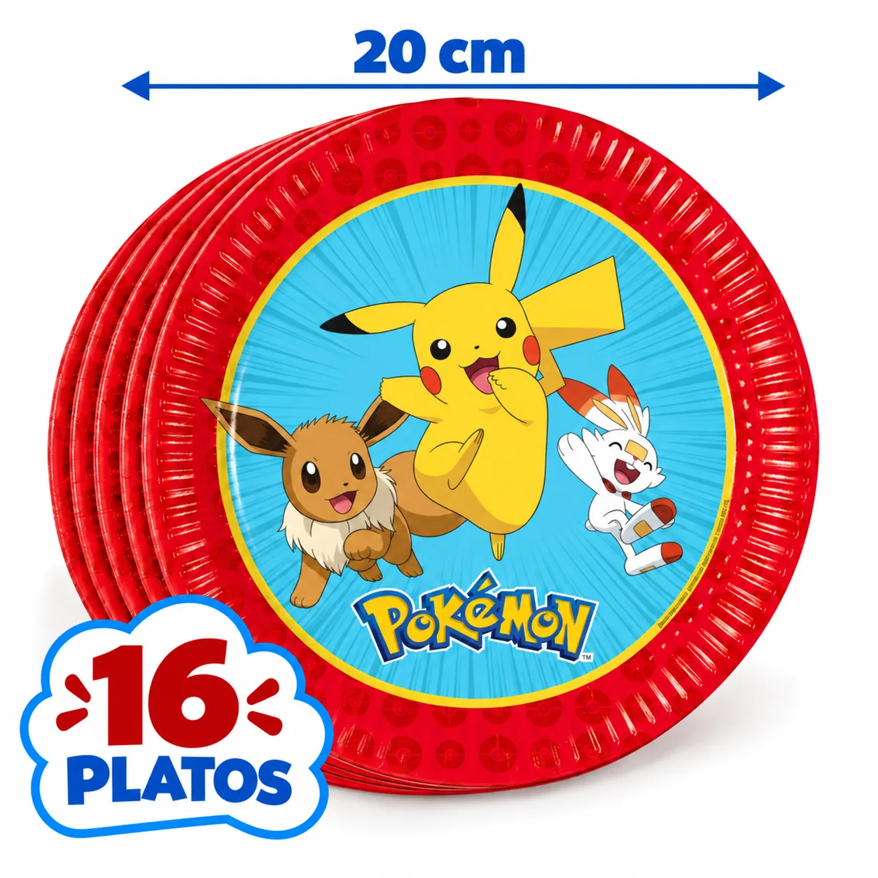 16 platos de 20 cm de Pokémon con Pikachu, Eevee y Scorbunny, borde rojo